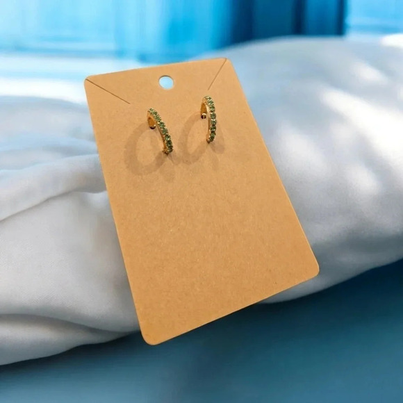 Gold Plated Green Rhinestone Hoop Earrings - Picture 1 of 2